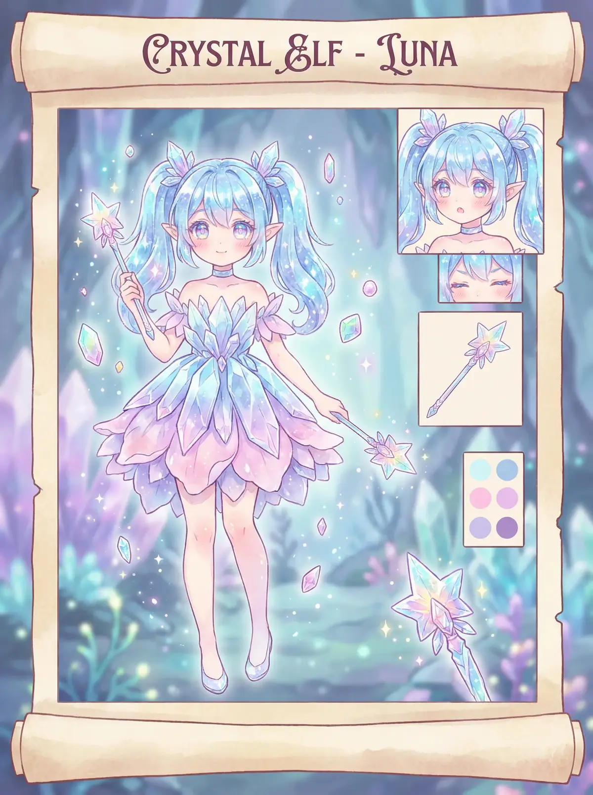 小萝莉 角色 - 水晶精灵露娜角色设定图，蓝色水晶发饰与星光魔杖