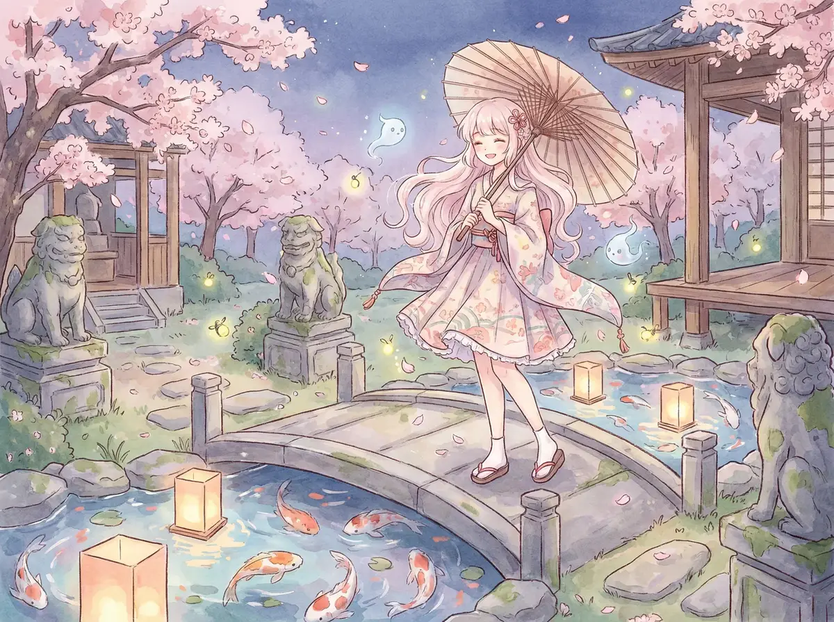 小萝莉 精选 - 樱花庭院中撑着纸伞的粉发和风少女