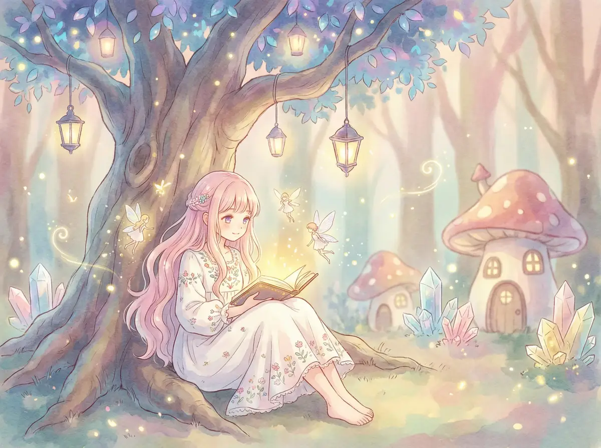 小萝莉 故事插画 - 魔法森林中坐在古树下阅读发光故事书的粉发少女