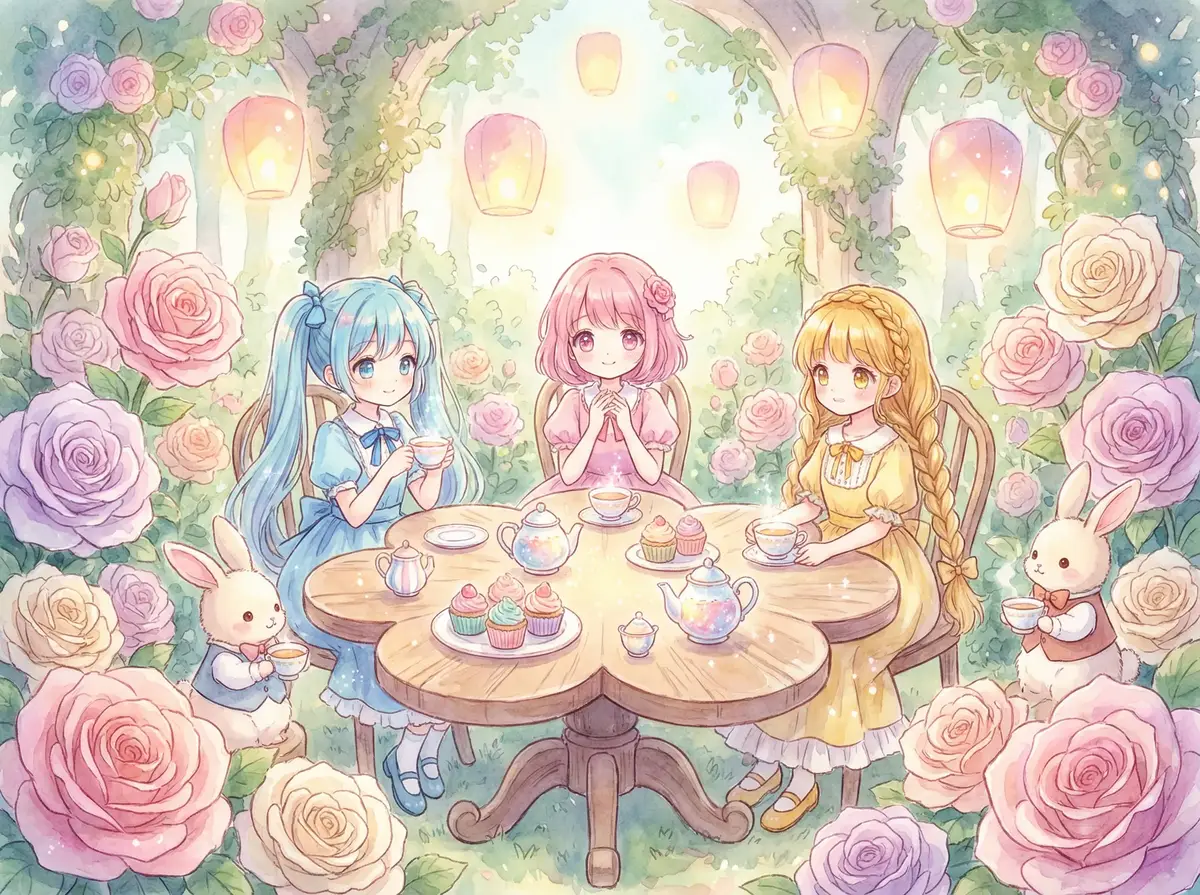 小萝莉 故事插画 - 玫瑰花园中三位少女围坐花桌享用下午茶