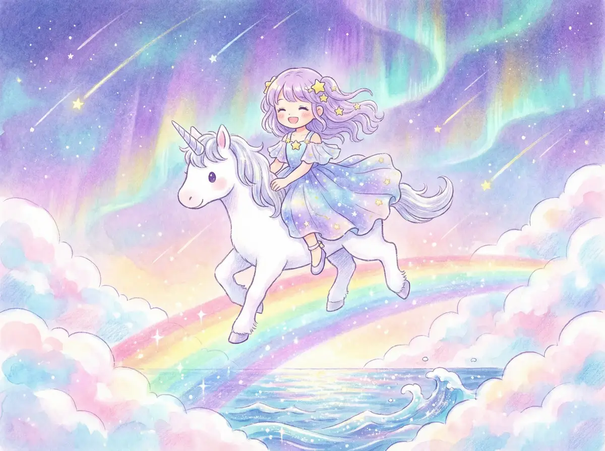 小萝莉 故事插画 - 紫发少女骑着白色独角兽飞越彩虹桥与极光星空