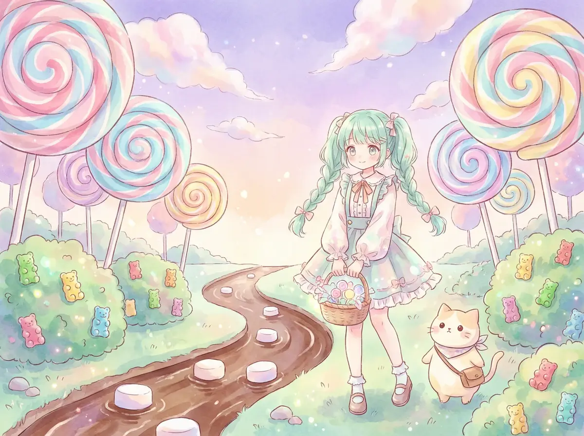 小萝莉 童话 - 糖果森林中提着花篮的绿发少女与猫咪