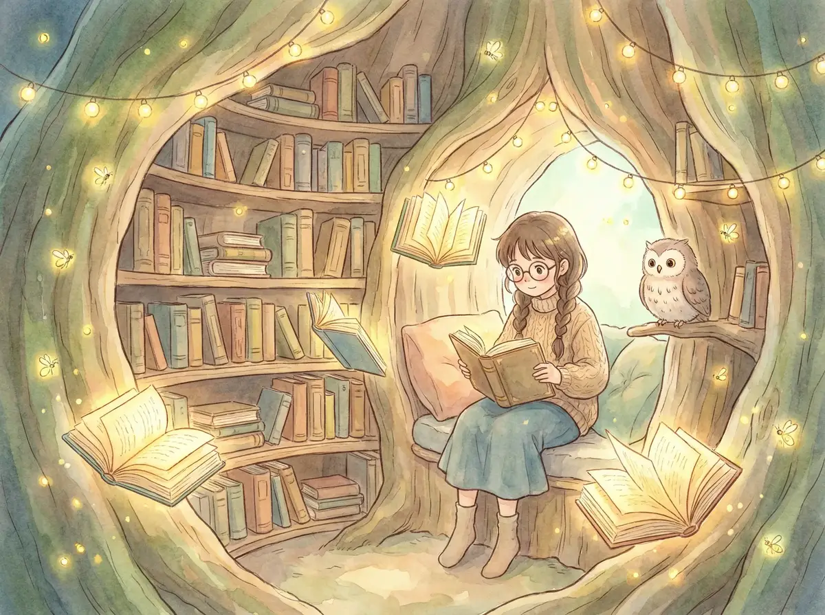 小萝莉 故事插画 - 大树图书馆中阅读的眼镜少女与猫头鹰伙伴
